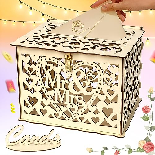 Hochzeitskarten Kiste Aus Holz, Hochzeitskarte Box Mit Schloss, DIY Holz Hochzeit Kartenbox, Vintage Geschenkkartenbox, Romantisches Design, Geeignet für Hochzeiten, Jubiläen(9,85 x 7,9 x 7,2 Zoll)