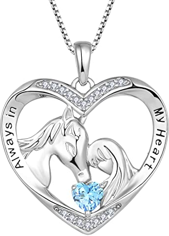 YL Pferdekette 925er Sterling Silber Schliff März Geburtsstein Aquamarin Blau Gravur Always in My Heart Pferdeherz Anhänger Schmuck für Frauen Freundin
