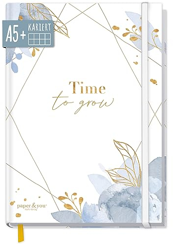 paper&you® Notizbuch A5+ kariert mit Gummiband Time to Grow 156 Seiten, 78 Blatt, als Bullet Journal, Tagebuch, Notizheft - nachhaltig & klimafreundlich