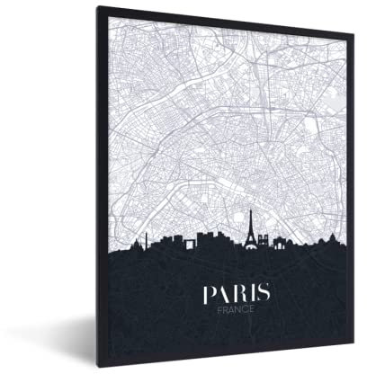 MuchoWow Poster Bilder Wanddeko Deko Wohnzimmer 30x40 cm Karte - Paris - Skyline - Schwarz - Weiß