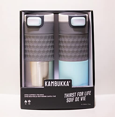 Kambukka Etna 2 Pack Coffee & Tea Mugs | 2X 500ml / 17oz Travel Mugs | 3 in 1 lid with Snapclean Technology | Silver & Turquoise