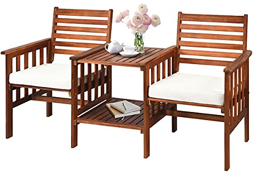 GOPLUS Gartenbank mit Tisch, 2 Sitzer Holzbank mit Schirmloch & Sitzkissen, Sitzbank Outdoor aus Akazienholz, Balkon Bank wetterfest für Garten Hof Terrasse (Braun+Weiß)