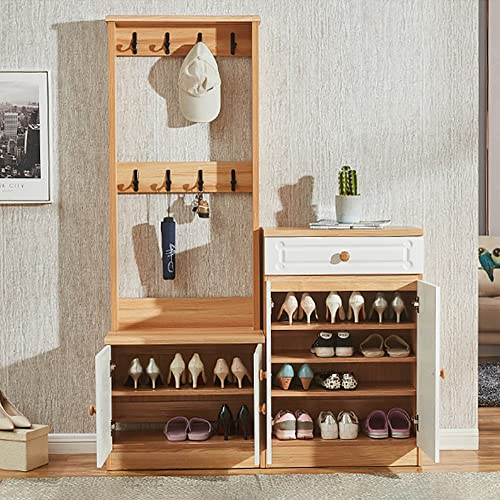 Garderobe mit Schuhbank, Garderobenbaum, freistehender 3-in-1-Flurbaum mit Schuhregal, Garderobenständer mit 8 abnehmbaren Haken und Sitzbank, Garderobenleiste, Akzentmöbel 60 x 32 x 172,5 c