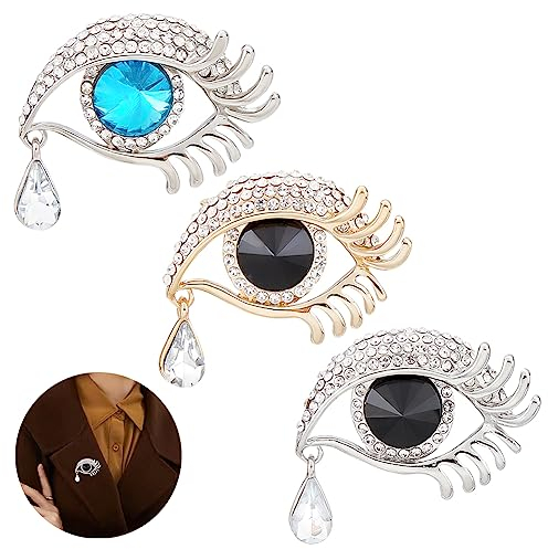AHANDMAKER 3 Pcs Angel Tears Broche Broches, Strass Saphir Grands Yeux Broches Longs Cils Alliage Badge Élégant Corsage Poitrine pour Femmes Vêtements Robe Écharpes Châle Cadeau