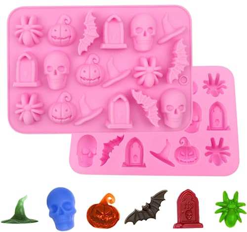 Confezione da 2 stampi per cioccolato Halloween in silicone, stampo per fondente con ragno pipistrello lapide teschio testa di zucca cappello da strega caramelle biscotti stampo da forno fai