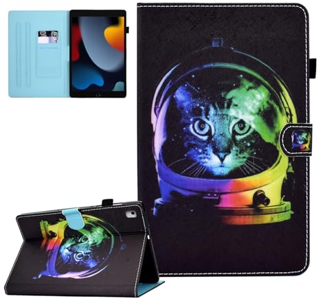 CASAFUNY Hülle für iPad 10,2 Zoll 2021/2020/2019, ipad hülle 9.Gen/8.Gen/7.Gen, PU Leder Tablette Schützhülle Multi-Winkel Ständer Cover Case Auto Schlaf/Wach für iPad 10,2 Zoll, Weltraumkatze