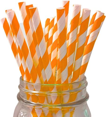 SDS Paper Straws 25pcs, Biodegradable Recyclable Drinking Straws for Wedding | Birthday Party Straws for Cocktail, Holiday, Coffee, Soda, Baby Shower Suppliers (White with Orange Stripes)