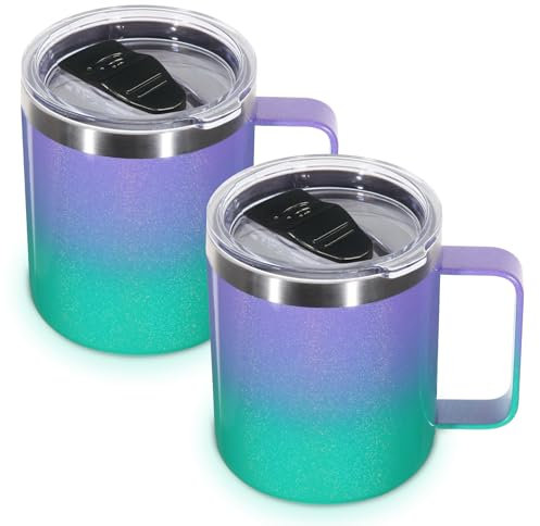 Volhoply 14oz Insulated Stainless Steel Coffee Mug with Lid Bulk 2 Pack,Double Wall Vacuum Travel Coffee Cup with Handle,Reusable Metal Tumbler,Camping Mugs Keep Hot,Christmas Gifts(Purple Green,2)