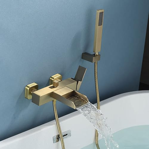 XJTNLB Armatur Badewanne Wasserfall Einhebelmischer Badewannenarmatur Wasserfall mit Brause Bad Armaturen Badewanne Gebürstetes Gold