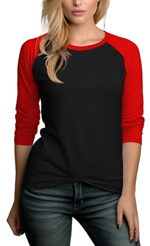 Baseball-T-Shirt für Damen, Dreiviertelärmel, Oberteil für Damen, 3/4-Ärmel, Damen-Top, Übergröße, Schwarz & Rot Damen Raglan, X-Groß