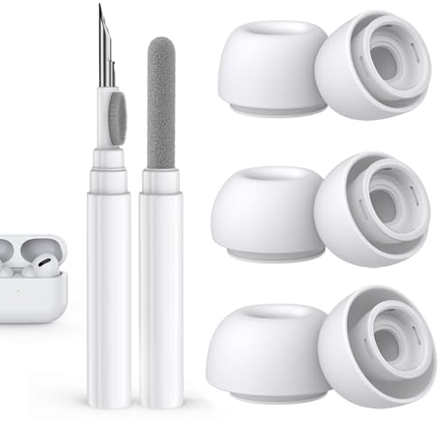 4 paia di cuscinetti auricolari di ricambio per AirPods Pro di 2a/1a generazione, con foro per la riduzione del rumore e schermo antipolvere integrato, con penna pulitore in silicone per custodia di