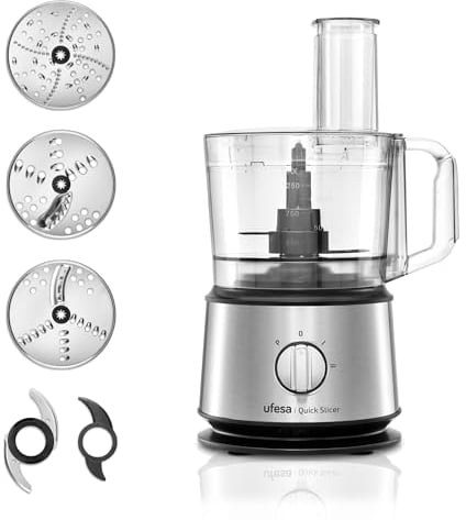 Ufesa Quick Slicer Processeur Alimentaire Multifonction 10 en 1, 1200W, Capacité de 1,5L, Corps en Inox, x3 Disques Double Face, x1 Lame de Coupe, x1 Lame Mélangeuse.