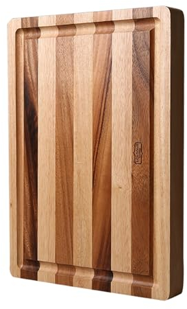 Thai End Grain Acacia Wood Striped Rectangular Butcher Board with Groove, best for chopping serving butcher board, prep station, kitchen deco, cheese, meat, bread, veggies & fruits, 19x14