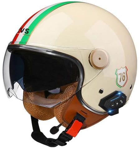 Motorradhelm Halbschalenhelm DOT/ECE-Zulassung Retro Jethelme Offener 3/4 Helm Männer Frauen Mit Doppeltes Visier Bluetooth Motorrad Halbhelme for Bike Cruiser Moped Scooter 5,L:59-60CM