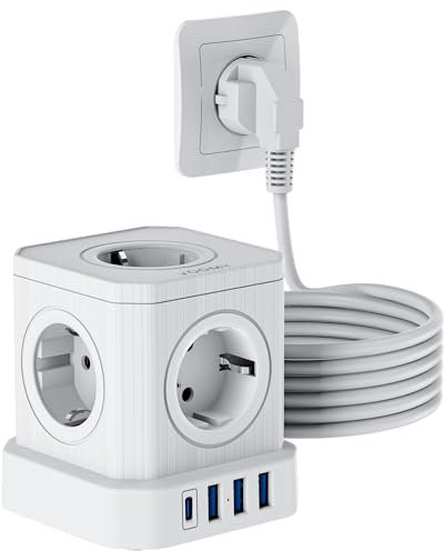 VOOMY Regletas Enchufes 9-en-1 con 5M con USB, Regleta carga rápida, Enchufe Multiple con 5 CA, 3 USB-A y 1 USB-C (20W), Alargador Enchufe con interruptor, Regleta Enchufes Usb proteccion sobretension