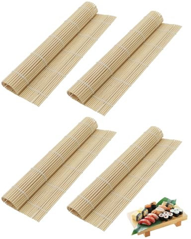 HSIXHAF 4 pcs Plateau à Sushi en Bambou, 23 x 24 cm Bamboo Mat Sushi Natte Lavable Fabrication Réutilisable pour Cuisine Fête Débutants Professionnels