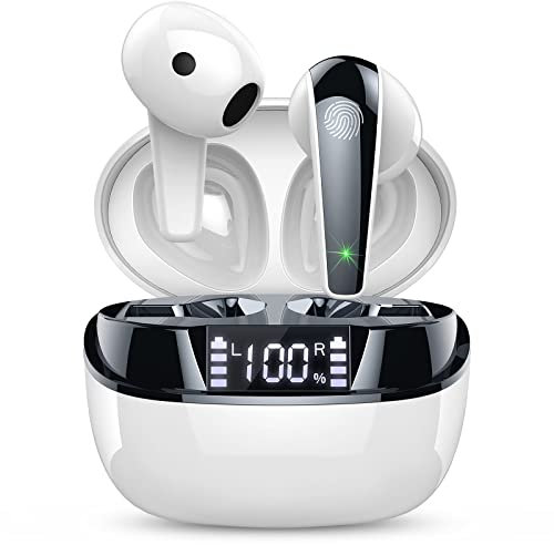 Cuffie Bluetooth, Auricolari Bluetooth Cuffie Wireless In Ear Stereo HiFi, Cuffiette Bluetooth 47 Ore LED Display ENC Cancellazione Rumore, Touch Control, Cuffie Senza Fil con LED, Bianco(2024)