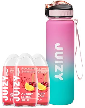 Trinkflasche Starter Set 3x Zuckerfreier Sirup Cherry Lemon inklusive, Sport Wasserflasche [Bottle BPA-free] 1Liter Auslaufsichere Sportflasche | Sirup ohne Zucker More Juizy Less Calories