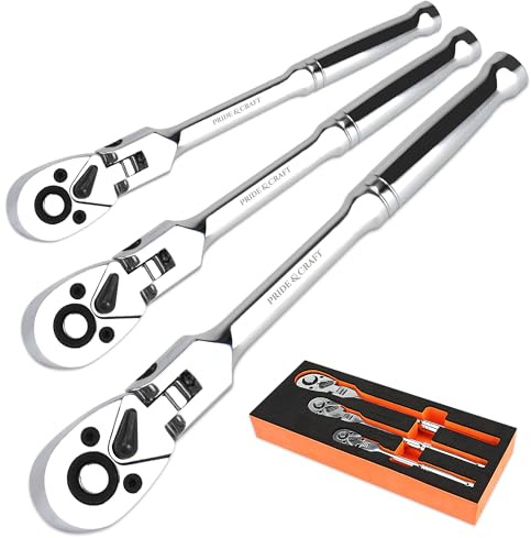 PRIDE&CRAFT 3pc Flex Head Ratchet Wrench Set, 1/4, 3/8, 1/2 Drive, 72-Tooth, Socket Wrench Quick Release Reversible Design, Chrome Alloy Made, EVA Organizer