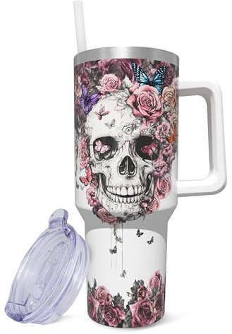 ZNYYZYBA Trinkbecher mit Griff und Strohhalm, Edelstahl, isoliert, Totenkopf-Becher, wiederverwendbar, Totenkopf-Kaffeetasse mit auslaufsicherem Deckel, Totenkopf-Geschenke für Frauen, 1,2 l