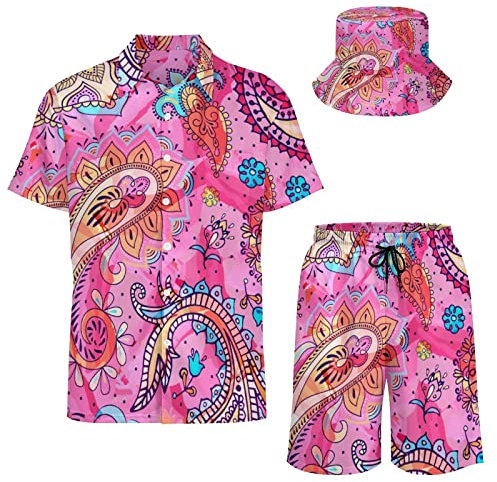 AsqLdQM Ensemble de 2 chemises et shorts hawaïens ensoleillés pour homme avec chapeau cloche, Rose cachemire coloré, XXL