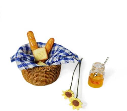 LQTSLFM 9 Stück Miniatur Essen, 1/12 Miniatur Lebensmittel Set, Miniatur Brotkorb, Brot, Honig, Picknick Tuch, Blumen, Mini Food Puppenhaus Dekoration, Wichteltür Zubehör für Kinder (Blau)