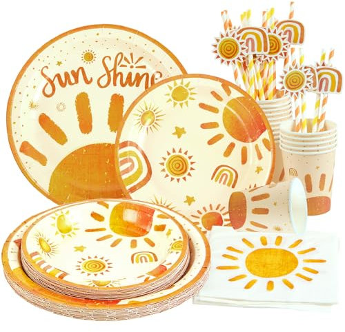 PATTEPOINT 80 Stück Sonne Geburtstags Deko, Boho Sonnenschein Deko Kindergeburtstag Partygeschirr Set für Boho Babyparty, Sonne 1. Geburtstag Dekorationen Junge Mädchen (16 Gäste)