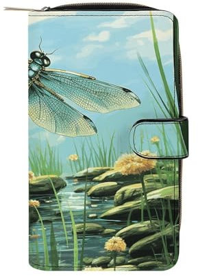 GHBNK Damen Leder Geldbörse Lange Geldbörse für Männer Xmas Schneemann Wristlet Wallets mit 12 Kartenhalter Große Kapazität Münzfach, Libellen im Flug, 19.7x11x3.5cm