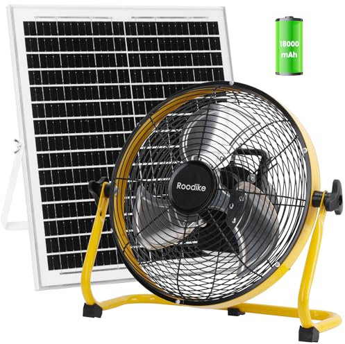 Roodike 12 Solar Rechargeable Floor Fan, 18000 mAh 20W Solar Powered Battery Operated Fans for Outdoor Garden Greenhouse Barn Stable Camping Garage Patio Air Circulation Cooling