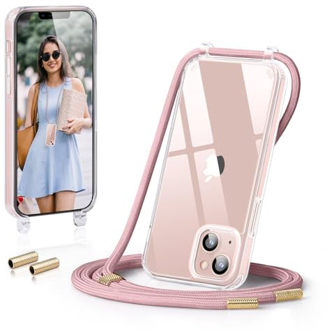 GOODVISH Handykette Kompatibel mit Apple iPhone 13 6,1 Display, Necklace Hülle mit Band Handyhülle für zum Umhängen, Transparent Case mit Schnur, Kameraschutz und Bildschirmschutz, Rosé Gold