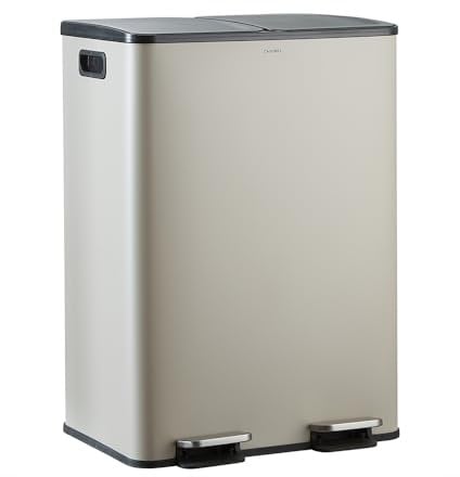 CASABEL Poubelle Tri Selectif 60L – Poubelle 2x30L avec Pédale, Acier INOX GRIS antitraces, Double Compartiments, Poubelle 2x30L Cuisine,avec Bacs Amovibles, Poignées, Couvercles Silencieux