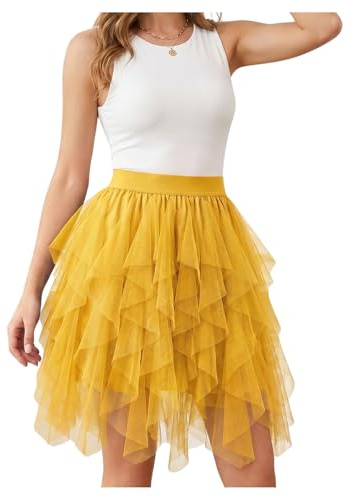 WERFORU Damtyllkjol underkjol tutu hög midja A-linje tutu kjol midikjol sommarkjol, GUL, M
