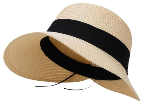 Fjquamitix Damen-Sonnenhut mit breiter Krempe, Strohhut mit Schleifendetail, für Sommer, Strand, Pool, Urlaub, Strohkappe für UV-Schutz (DE/NL/SE/PL, Alphanumerisch, Einheitsgröße, Beige)
