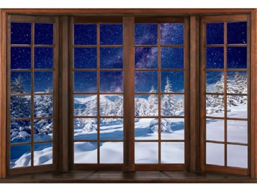 Xiaoterna 7x5ft Windows Snow Scene Backdrop Vintage Wooden Window Winter Outdoor Forest Galaxy Photography Background Nature Snowy Scenery Pine Tree Christmas Party Decoration Portrait Photo Props