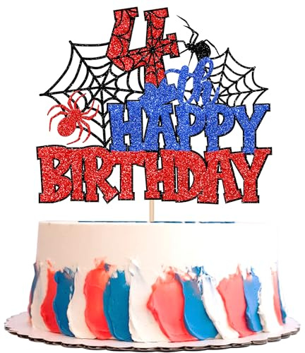 SYKYCTCY 1 Pack Spider Happy 4th Birthday Cake Topper Baby Shower Cake Picks for Spider Theme Spooky Party 4th Birthday Boys Girls Kids Party Supplies