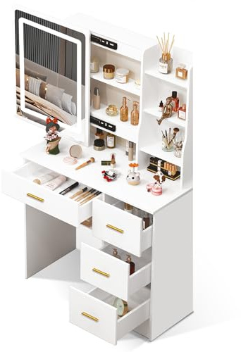 Vescence Schminktisch mit Spiegel und LED-Leuchten, 4 Schubladen, 3 Lichtfarben, Frisiertisch mit Spiegel, Moderner Stil, Makeup Table Weiß 80 cm breit Vanity Kleiner Dressing Table, Goldener Griff