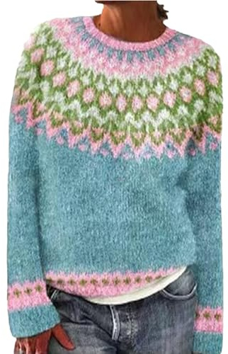 TBloevwlh Bunte Kaschmir Cashmere Pullover Damen Pullover Damen Y2K Vintage Geometrische Plaid Sweater Langarm Loose Rundhals Strickpullover Casual Sweatshirt Pulli Elegant Jumper Oberteile Oversize