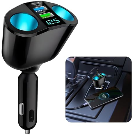 USB C Auto Ladegerät Zigarettenanzünder Verteiler Adapter 12V/24V 120W DC Splitter mit LED Voltmeter Doppel Zigarettenanzünder Adapter QC3.0 und USB-C für Handy Tablet iPad Telefon Kamera GPS