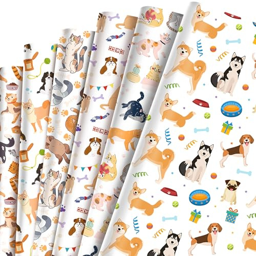 12 Blatt Hundemuster Geschenkpapier Hund, Buntes Geschenkpapier Kinder Geburtstag mit Verspielten Designs, Geschenkpapierrolle für Kinderpartys & Hundeliebhaber