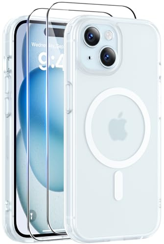 Qasyfanc für iPhone 15 Hülle mit 2 Schutzfolie, Vollständiger Kameraschutz, Magnetisch Handyhülle Kompatibel mit MagSafe, Transluzente Matt Rückseite Kratzfest Schutzhülle für iPhone 15 Case Frostweiß