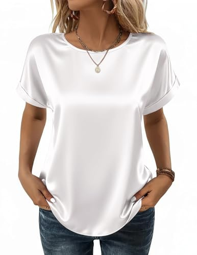 Women's Satin Blouse Basic Solid Shirts Crew Neck Elegante Silk Blouses