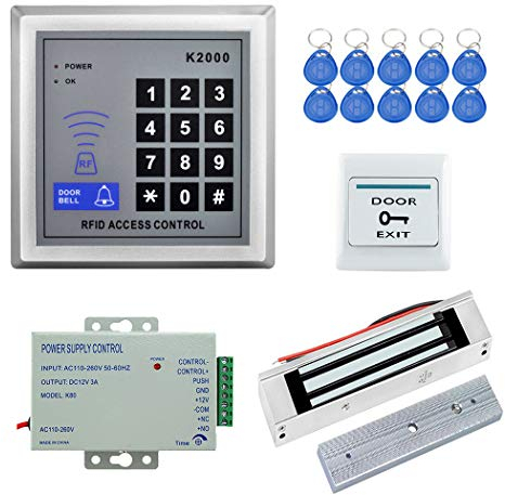 YAVIS Full Set RFID Porte Accès Contrôle Système Kit + 180kg Serrure Magnétique Electrique + 110-240V AC 12V DC 3A 36W Power Supply + Proximité Porte Entrée Pavé Numérique 10 Bouton EXIT Breloques Clé