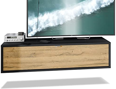 Vladon TV Board Lana 120 Hängeschrank Lowboard 120 x 29 x 37 cm, Made in Germany, Korpus in Schwarz matt, Fronten in Eiche Natur | Große Farbauswahl