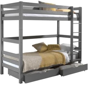 Vipack Hochbett Pino mit 2 Schubladen Kiefer massiv grau lackiert 180 cm
