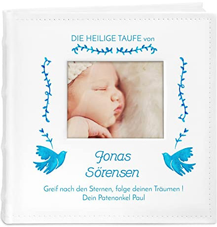 Maverton Einsteckalbum + mit Aufdruck - für 200 Fotos 10x15-100 weiße Seiten - Größe 21x22cm - Weiß - Geschenk für Kind zur Geburt Taufe zum Geburtstag - Tauben
