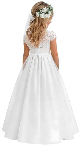 2Bunnies Girl Paisley Lace Back A-Line Tutu Tulle Party Flower Girl Dresses (Short Sleeve Maxi-White, 4T)