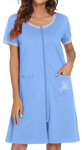 Ekouaer Damen-Hausmantel mit Reißverschluss vorne, kurze Ärmel, Bademantel, Kurzes Nachthemd mit Taschen, S-3XL, Helles Himmelblau, XXX-Large