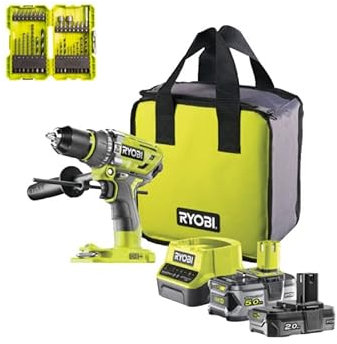 Pack RYOBI Perceuse-visseuse percussion R18PD7-252S Brushless - 2 batteries 5.0-2.0Ah - Chargeur - 32 accessoires perçage - vissage - boulonnage