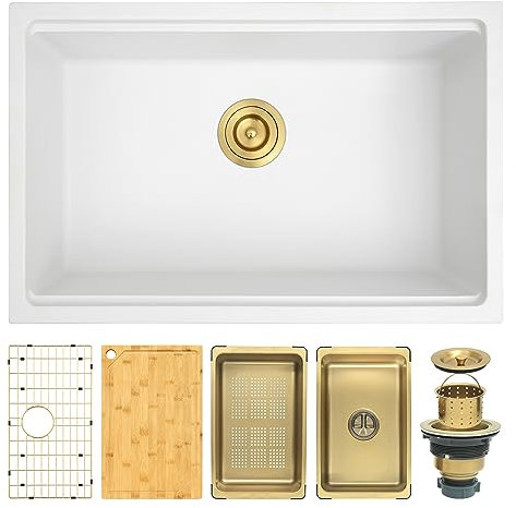 Lonsince White Undermount Kitchen Sink 28 X 18 inch,Granite Composite Kitchen Sink Undermount/Drop In,Large Single Bowl Workstation Kitchen Sinks (White, 28 X 18)