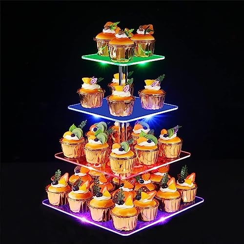 4 Etagen Cupcake Ständer, Ulifeme Wiederaufladbarer LED-Licht Quadrat Transparenter Dessert Tortenständer für Weihnachten, Hochzeiten, Jubiläen, Baby Duschen und Geburtstagsfeiern, 15/20/25/30cm Ebene